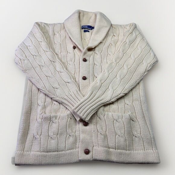 Vintage Polo Ralph Lauren Wool Cable Knit Shawl Collar Cardigan Cream M - Picture 1 of 5